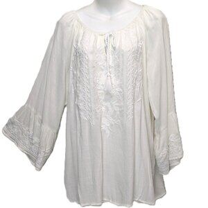 White Embroidered Peasant Blouse Rayon Spiaggia Dolce Boho Hippie India Large